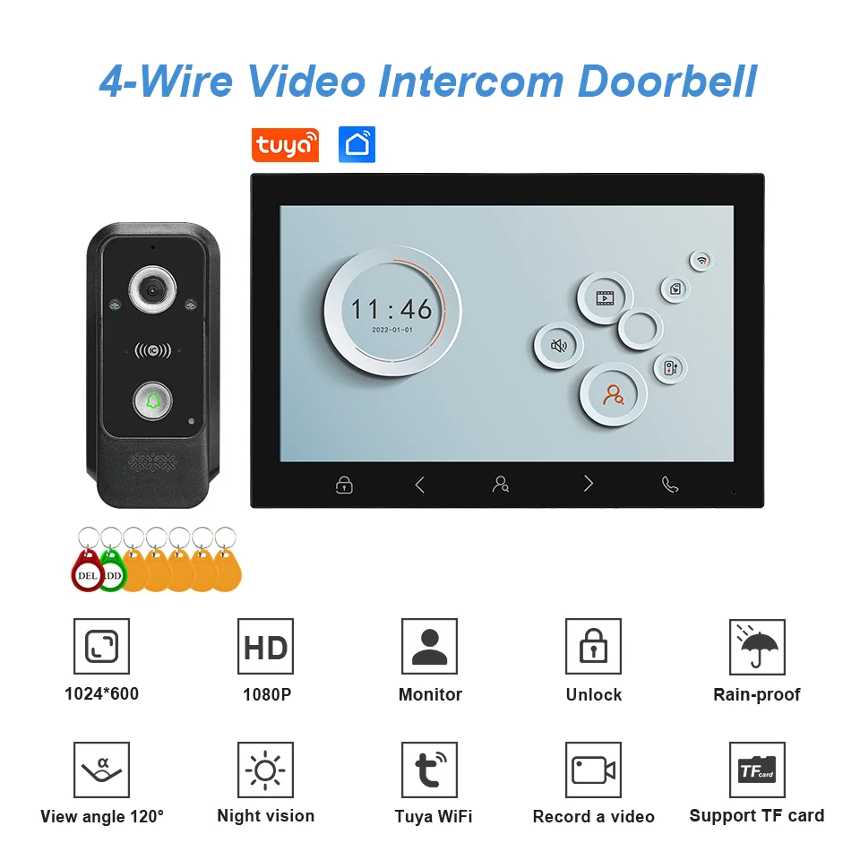 

10Inch IPS Screen Tuya APP Rifd Access Control WIFI Door Phone Intercom Visual Doorbell 120Degree AHD Door Viewer Camera