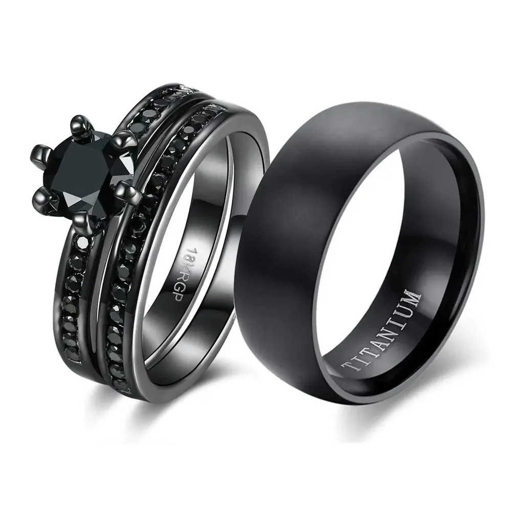 Charm Couple Rings For Women Black Rhinestones Rings Set Trendy Men Stainless Steel Ring Fashion Wedding Jewelry For Lover Gifts