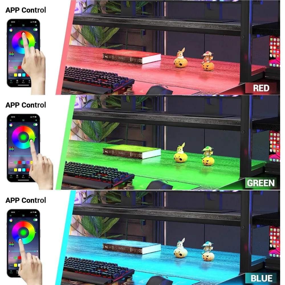 LED-Illuminated Gaming Desk, Long Monitor Stand, 40 Reversible Laptop Table with Storage Space for Computer Accessories