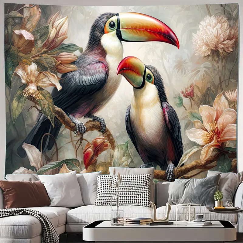 Tropical Toucan Jungle Wall Tapestry Mural Botanical Floral Hanging Fabric Art Print Nature Decor for Bedroom Living Room Home A
