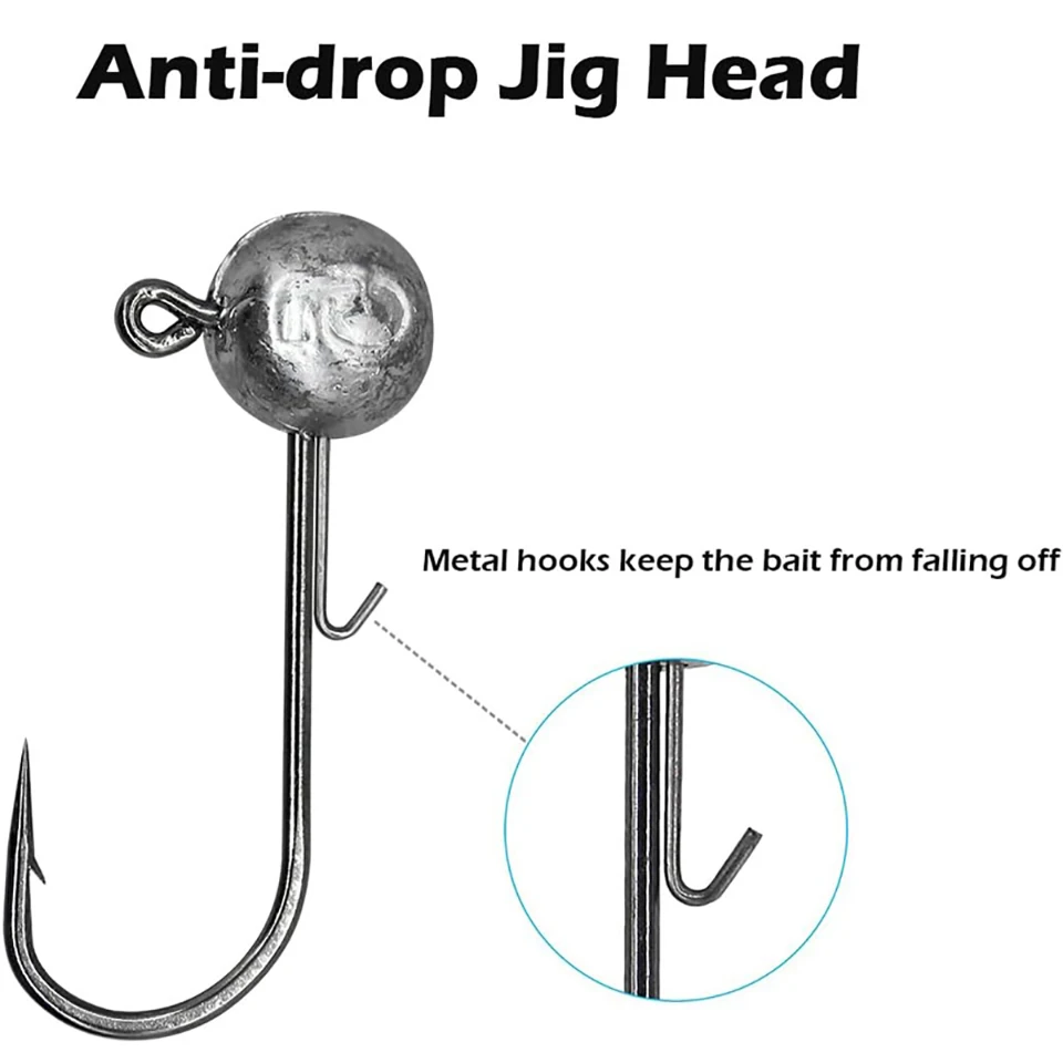 50 Stück Angelhaken mit Rundkopf und Widerhaken 2g-20g Jighead-Angelhaken für Weichköder-Set für Barsch und Forelle in Süß- und Salzwasser – Detail 4