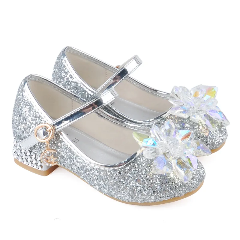 Princess Kids Leather Shoes for Girls Crystal Flower Casual Glitter Children High Heel Girls Student Performance Dance Shoes