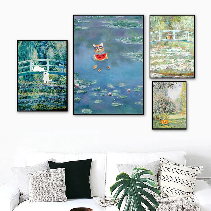 Funny Cat In Pond Claude Monet Artwork Recreation Poster Canvas Painting Cute Animal Wall Art For Bedroom Home Decoration