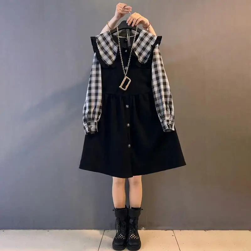 

Sweet Peter Pan Collar Midi Dress Women's Clothing Plaid Patchwork Autumn Winter Commute Single-breasted Korean Loose Dresses