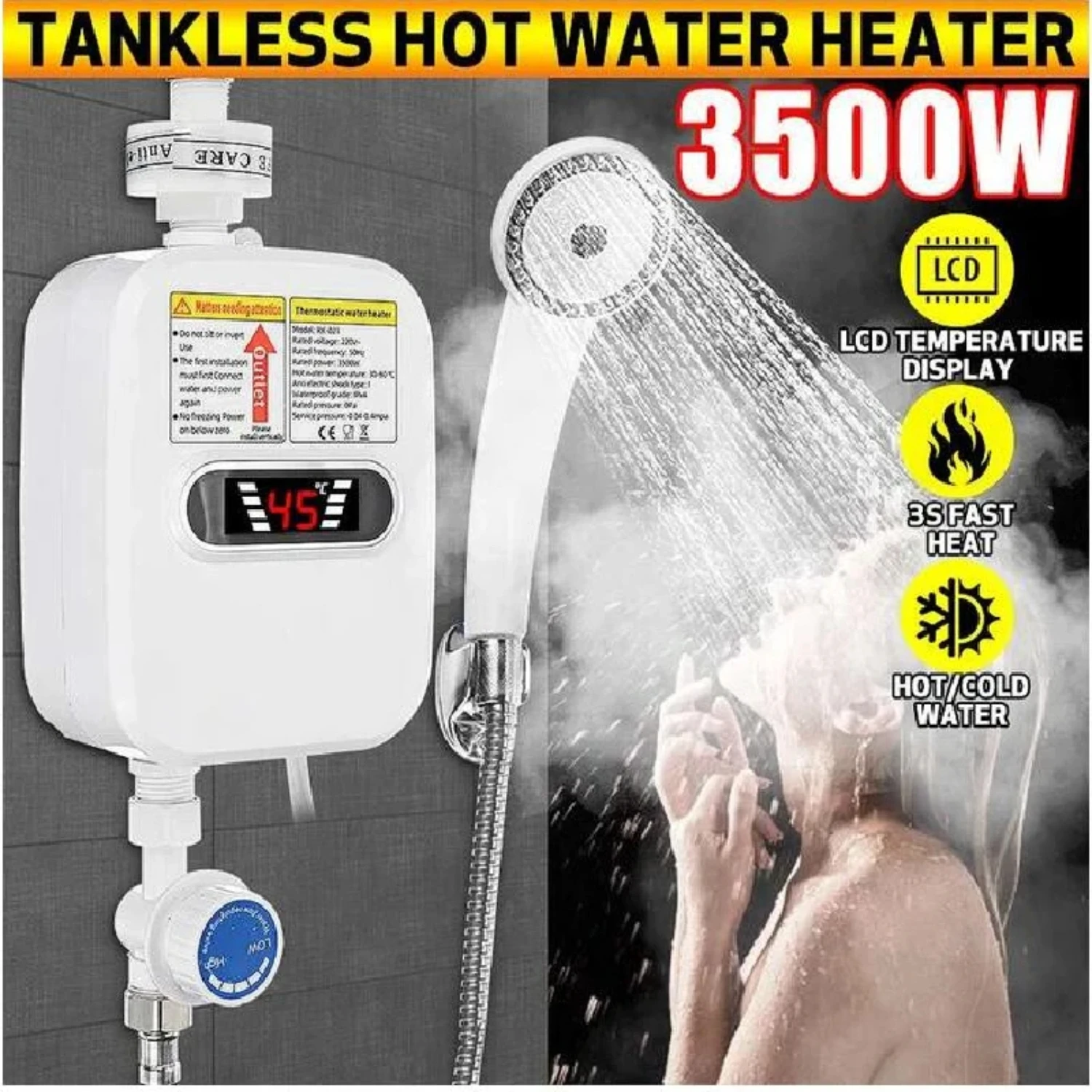 3500W Tankless Water Heater Faucet Shower Instant Water-Heater  Tap Heating Instant Hot Water for  and Bathroom