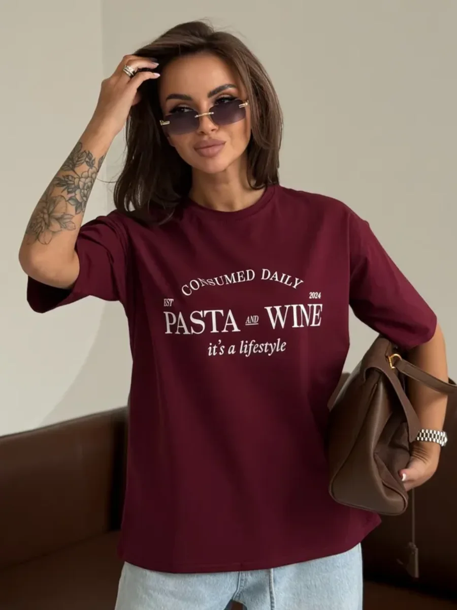 Retro wino czerwone czystej bawełny luźne t-shirty ameryka stylowy wzór w litery Y2K Top Temperament niszowe ubrania lato na co dzień luźne