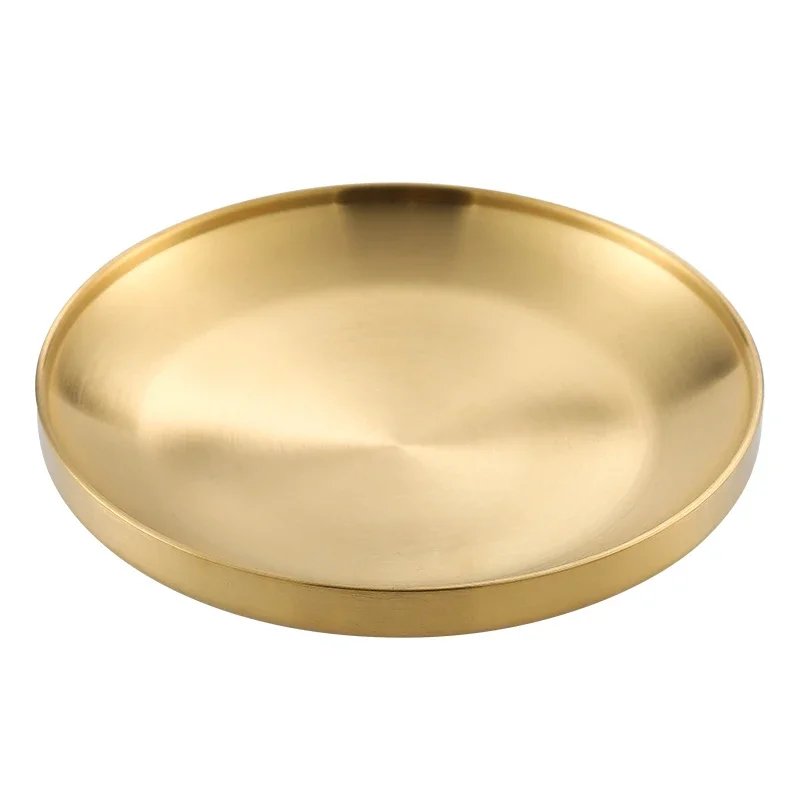 

Double insulated 304 stainless steel plate Korean gold disc Dinner plate Flat bottom fruit tray dinner set plates and dishes