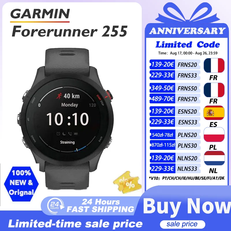 Garmin Forerunner 255 Sports Smartwatch 46mm 1.3'' Pantalla a color 14 días Vida de la batería 4GB RAM NFC Bluetooth Wifi 5ATM Impermeable