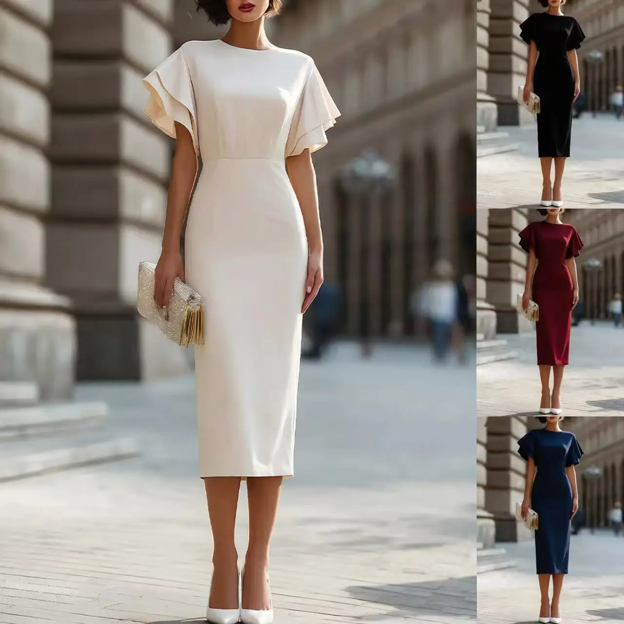 

2026 Women's Clothing Ruffle Sleeve Slim Fit Bodycon Dress Mid-Length Office Lady Dress For Commuting And Parties
