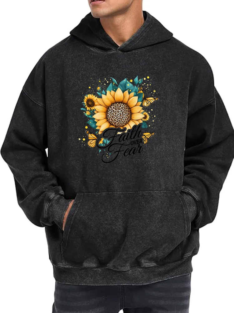 Faith over Fear Men's Vintage Washed Graphic Hoodie Retro Distressed Pullover Streetwear Casual Sweatshirt