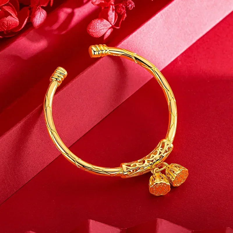 

9999 Real Gold 24K Genuine Two Worlds Lotus Bracelet with Bell Female Gold Young Solid Open Bracelet