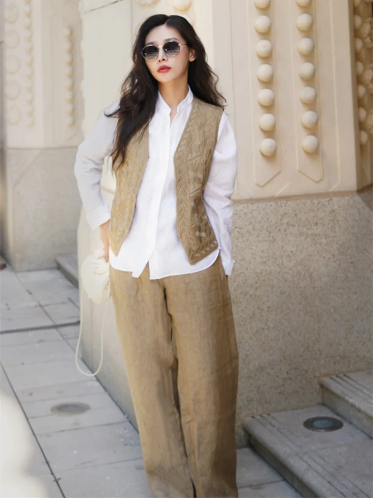 

Новый женский комплект M5036 Faion: ретро-стиль, художественная вышивка, льняной жилет, брюки-харлан с высокой талией и эффектом стройности, девять предметов