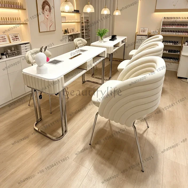 FG Cream Style Stainless Steel Nail Table And Chair Set With Embedded New Vacuum Cleaner Nail Table Mesa Manicura Saloon Furnitu
