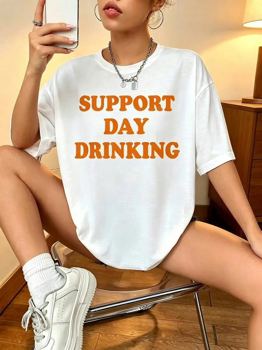 Women Oversized Short Sleeve T Shirt Funny Support Day Drinking Graphic Print Casual Loose Fit Summer Daily Wear Top