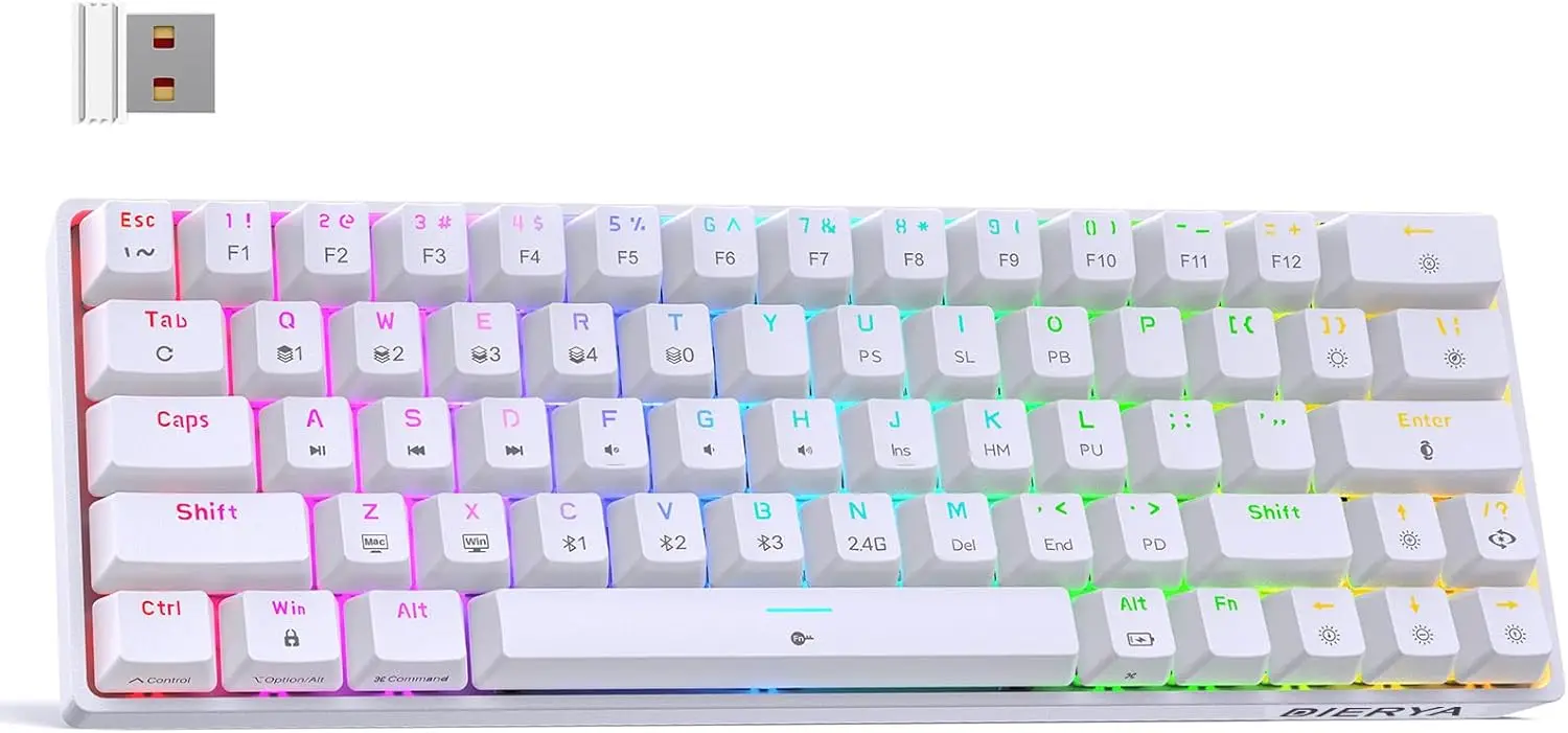 

60% Wireless Mechanical Keyboard, 63 Keys RGB Backlit, Bluetooth/2.4G/USB-C, Red Switch, White