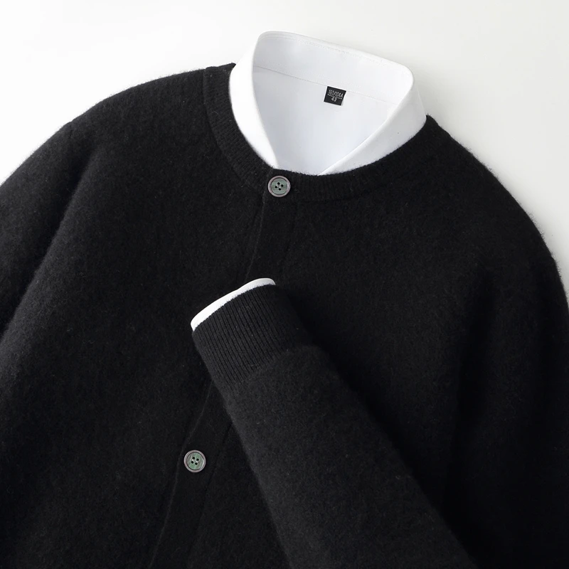O-Neck Thick Buttoned Cardigan Men's Autumn Winter 100% Merino Wool Trendy Casual Long-Sleeve Sweater Soft Warm Cashmere Knitted