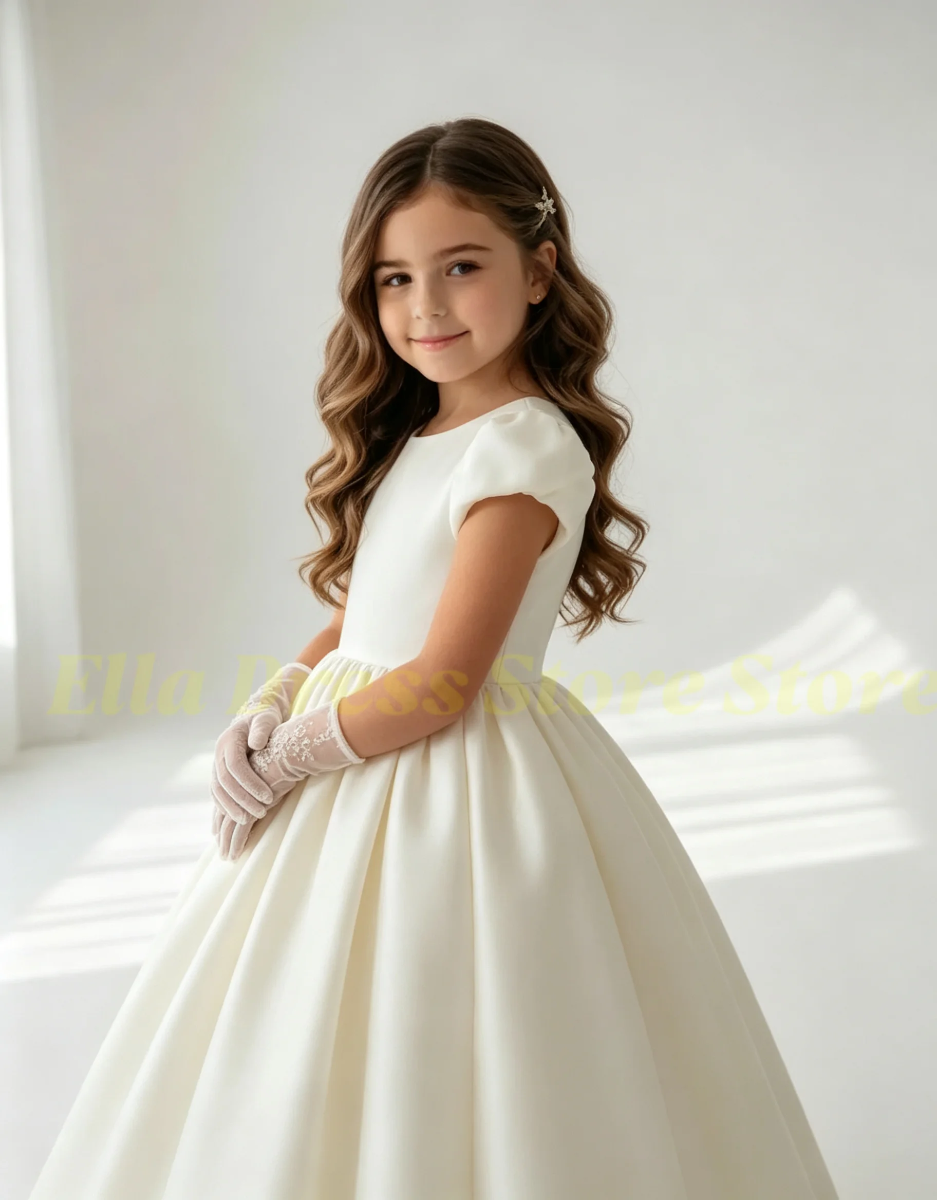 Großhandel Maßgeschneidertes Satin-Kommunionkleid für Mädchen, Kurzarm-Blumenmädchenkleider für Hochzeiten, Bodenlange Prinzessinnen-Formelle Gala-Kleider – Detail 4
