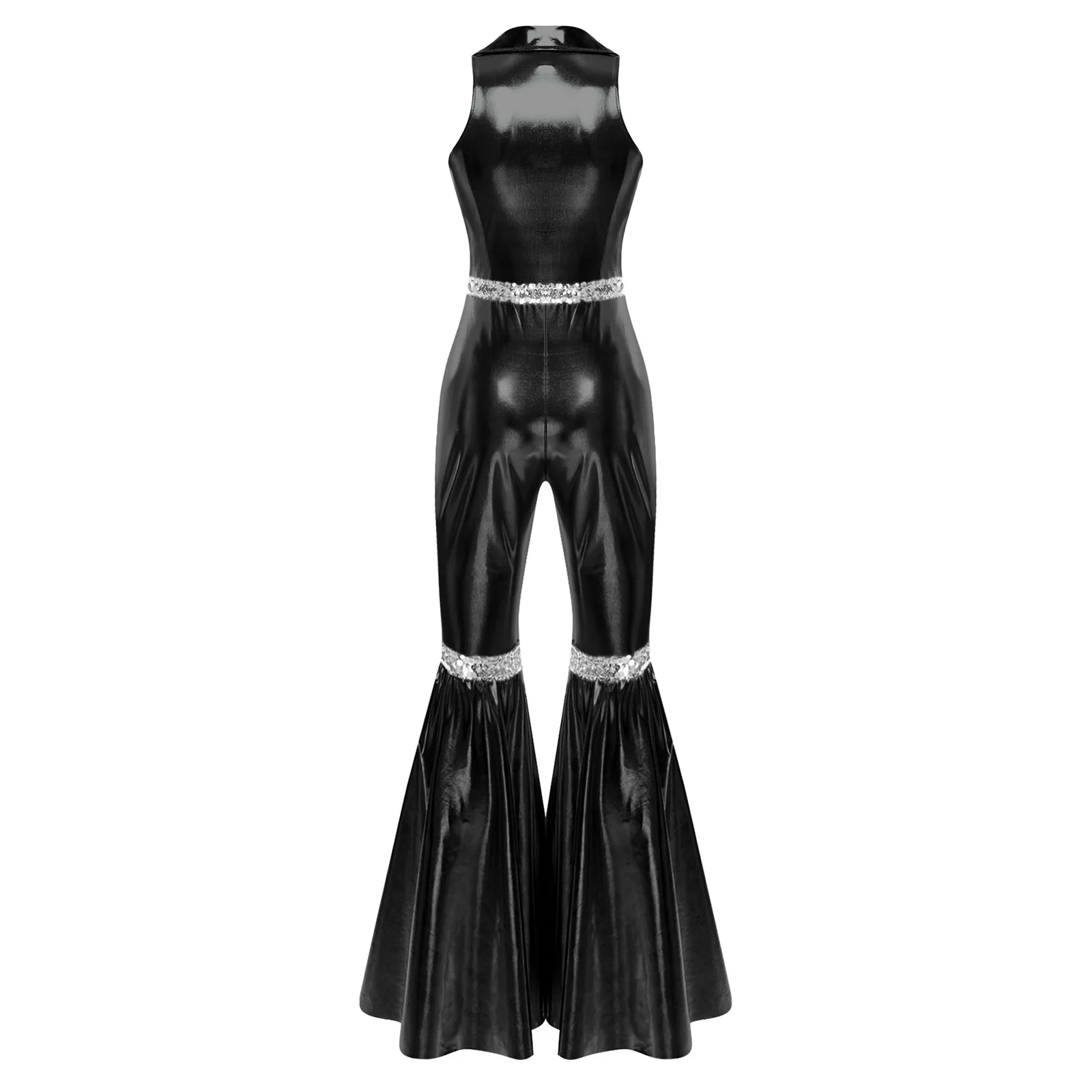 ชุดรอมเปอร์แบบชิ้นเดียวสำหรับผู้หญิงสำหรับงานปาร์ตี้ดิสโก้ แจ๊ส แท็ปแดนซ์ ชุดบอดี้สูท กางเกงขาบานเงา ชุดเต้นแจ๊สสไตล์เรโทรสำหรับงานปาร์ตี้