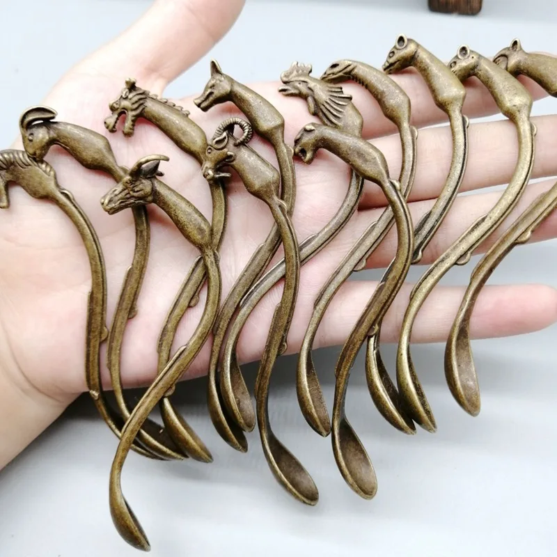 Antique Miscellaneous Items Brass Zodiac Traditional Chinese Small Medicine Copper Spoon Set Drops