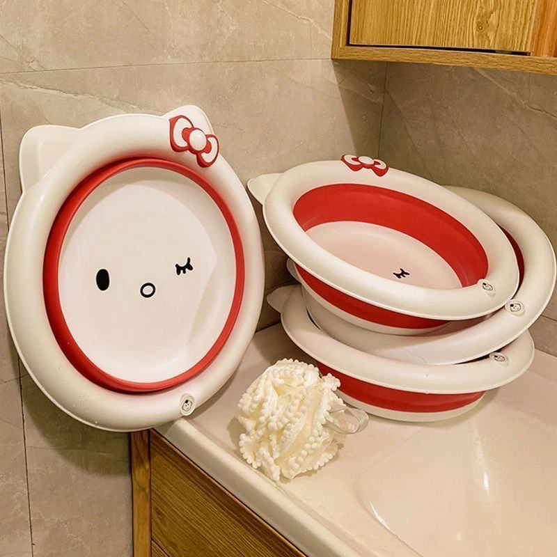 Hellokitty Cartoon Folding Wash Basin Portable Outdoor Camp Basins Bathroom Supplies Washbasin Hanging Cleaning Tool Accessories