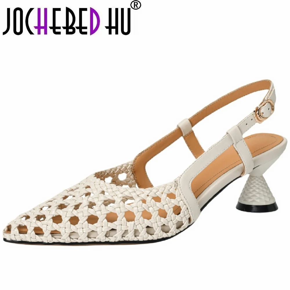 

【JOCHEBED HU】Elegant Women Pointed Toe Sandals Hot Sell Fashion Hollow Out Buckle Back Strap Genuine Leather Middle Heels Dress