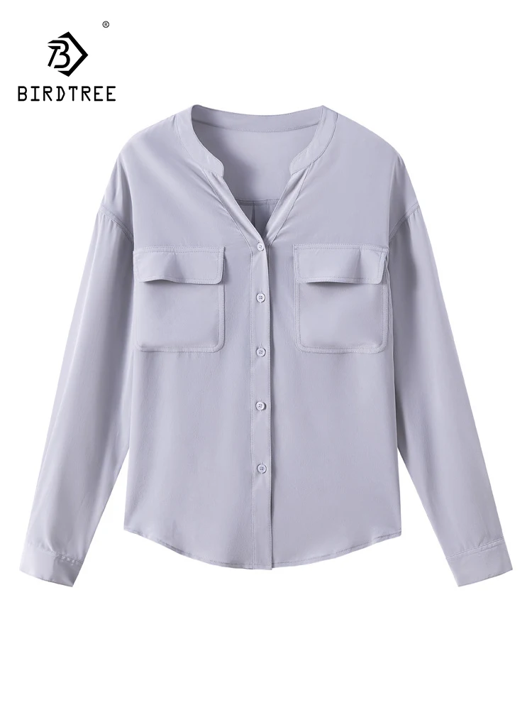 

BirdTree 100%Real Silk Elegant Shirt, Women's V Neck Long Sleeve, Solid Temperament Office Lady Blouse, 2024 Spring T42902QC