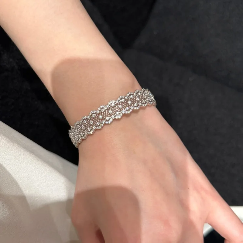 925 silver inlay diamonds lace hollow out starry sky bracelet rings for women court style mesh retro fashion design jewelry sets
