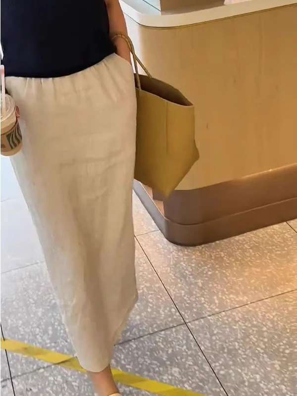 الكتان القطن عادية فضفاض المرأة تنورة عالية الخصر ألف خط التنانير الطويلة الصيف Faion خمر Sle با سبليت التنانير