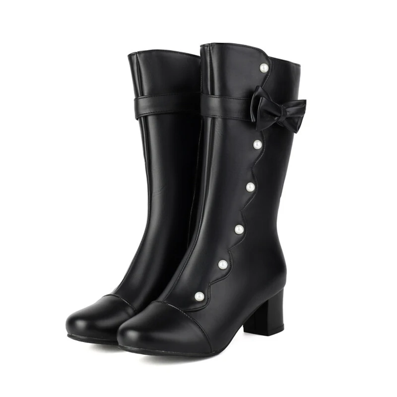 

SIMLOVEYO/женские сапоги до середины икры, круглый носок, каблук 5 см, жемчужный декор, милые, милые, студенческие, черные, белые, размеры US16-US17, повседневные, крутые