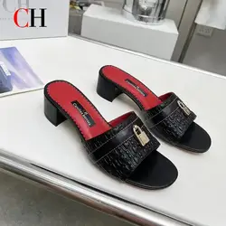CH Luxury Heels Office Sandals for Women 2026 Elegant Fashion Shoes upper lock buckle Designs Slippers Retro Beach Flat Slippers