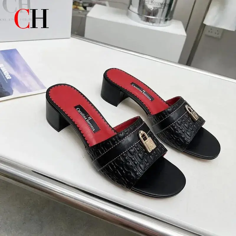 CH Luxury Heels Office Sandals for Women 2026 Elegant Fashion Shoes Upper Lock Buckle Designs Slippers Retro Beach Flat Slippers