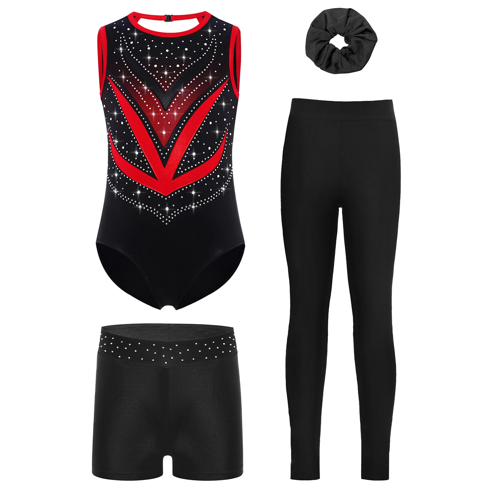 

4Pcs Girls Gymnastics Dance Outfit Sleeveless Crisscross Back Mesh Patchwork Shiny Rhinestones Leotard+Shorts+Leggings+Hairband