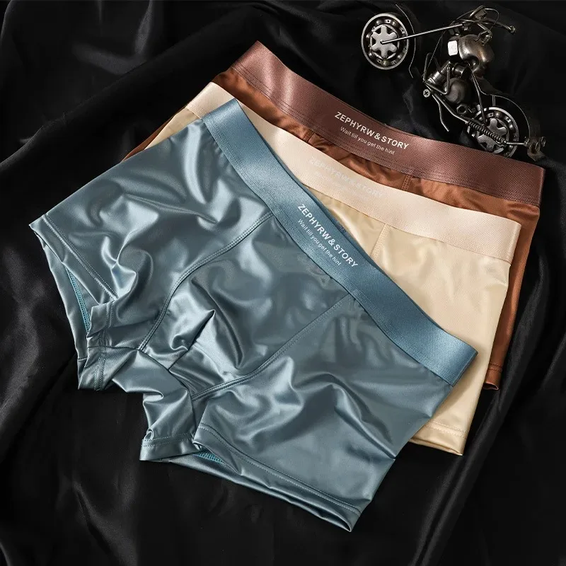 3PCS Luxury Ice Silk Satin-like Men's Underpants Man Underwear Seamless Panties Smooth Cool Solid Breathable Boxer Shorts Pantie