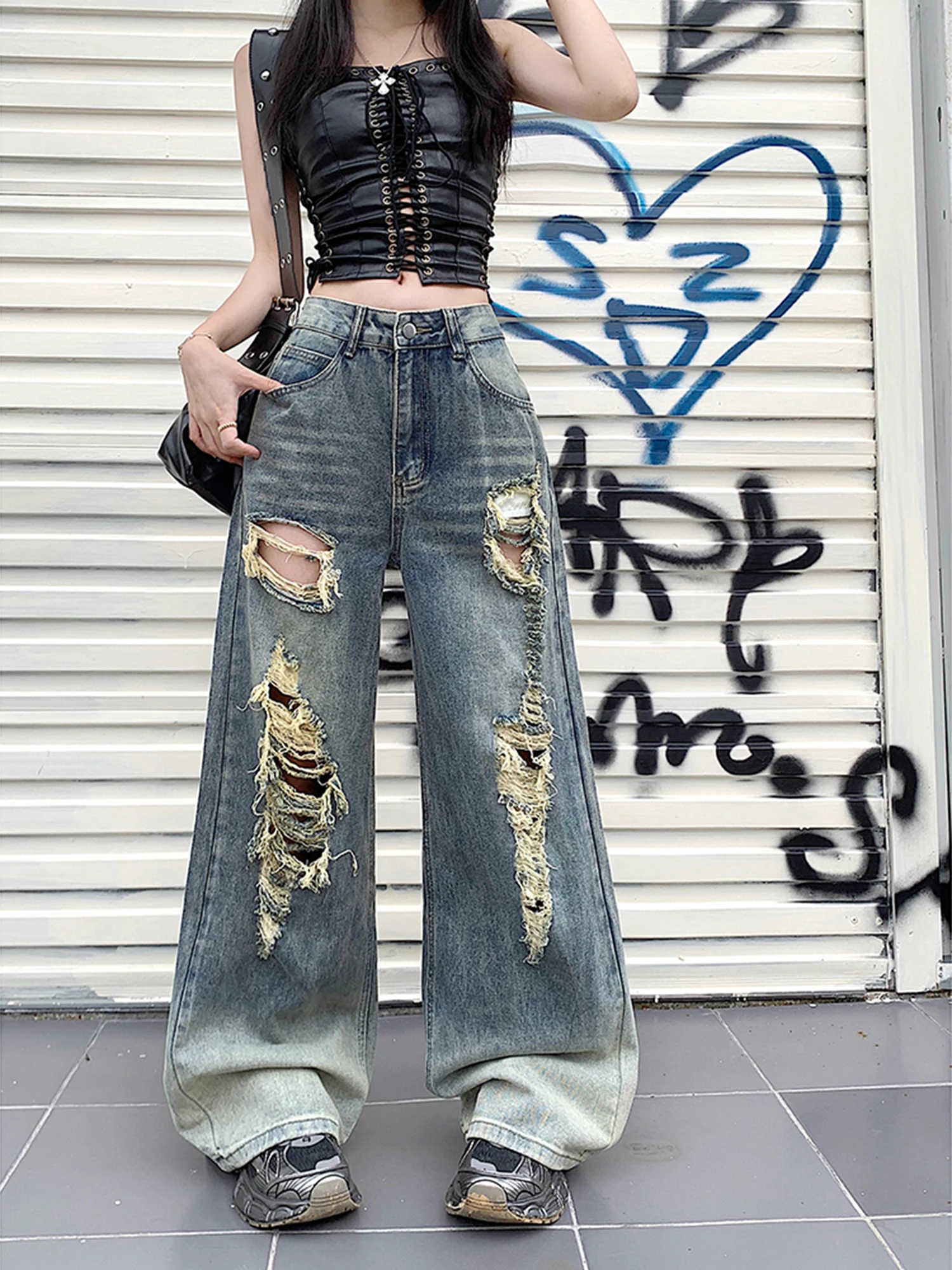 

Американские винтажные рваные джинсовые джинсы женские летние с высокой талией свободные тонкие прямые широкие брюки длиной до пола