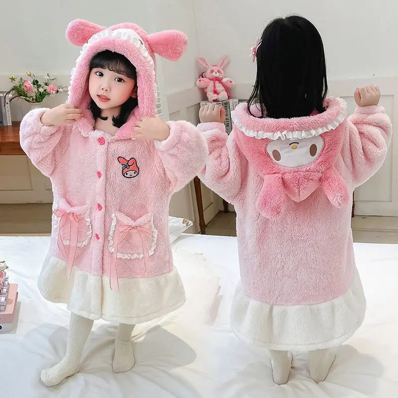 Kawaii My Melody Kuromi Kids Plush Pajamas Robe Anime Winter Cartoon Girl Coral Fleece Warm Thicken Hooded Nightgown Home Wear