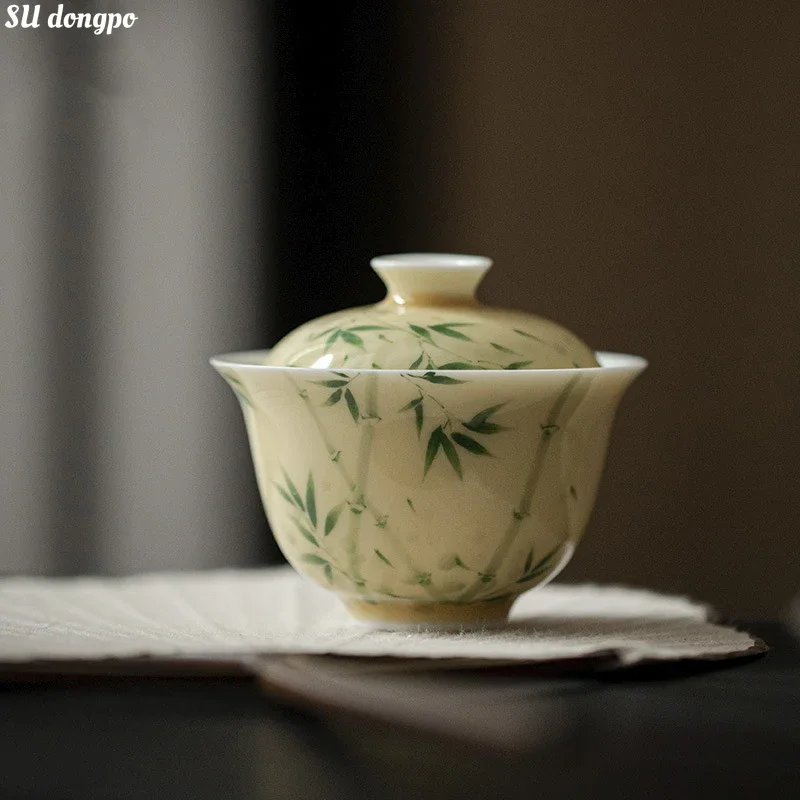 

Желтый ручная роспись Xiangfei Bamboo Gaiwan Белая фарфоровая чаша с покрытием Чайный сервиз в китайском стиле Чаша для приготовления чая