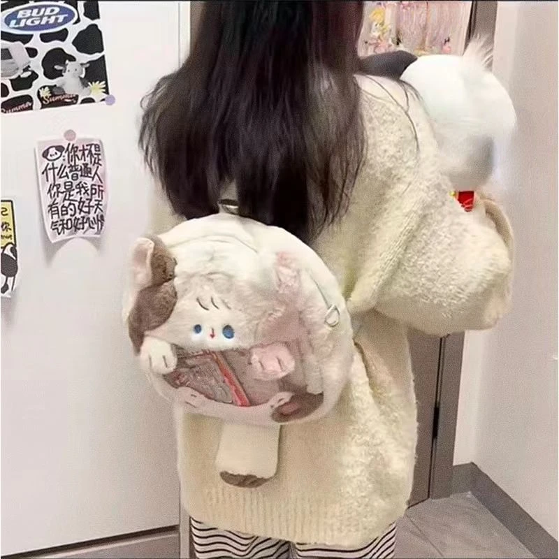 Japanese Cartoon Kawaii Cat Backpacks Sweet Fluffy Cute Y2k Aesthetic Chic Shoulder Handbags Casual Vintage Transparent Ita Bags