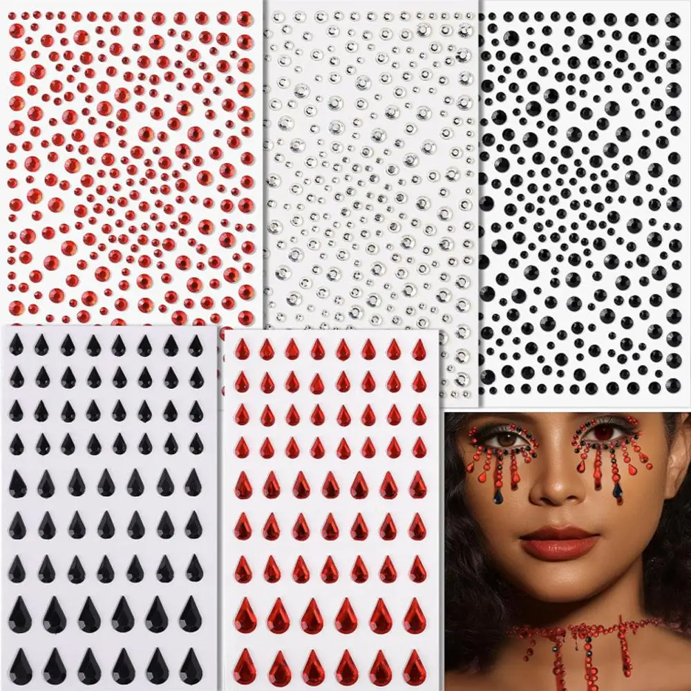5Sheets Face Gems Face Jewels Black and Red Face Rhinestones for Face Makeup Halloween Gem Stickers Self Adhesive for Halloween