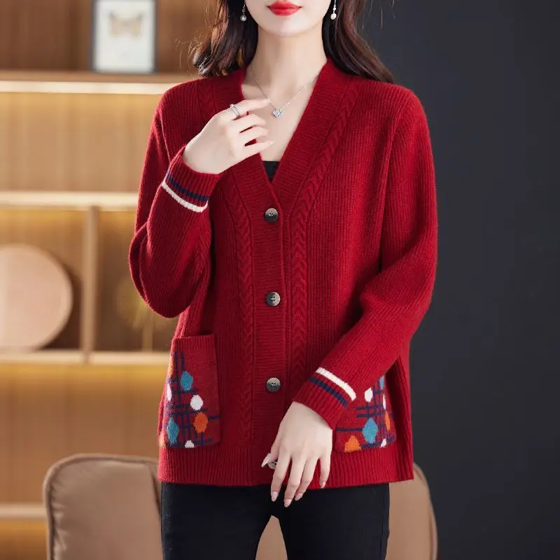 Fashion Women Vintage Cardigan Sweater Korean Clothing Autumn Winter V-neck Pockets Versatile Casual Long Sleeve Knitted Coats