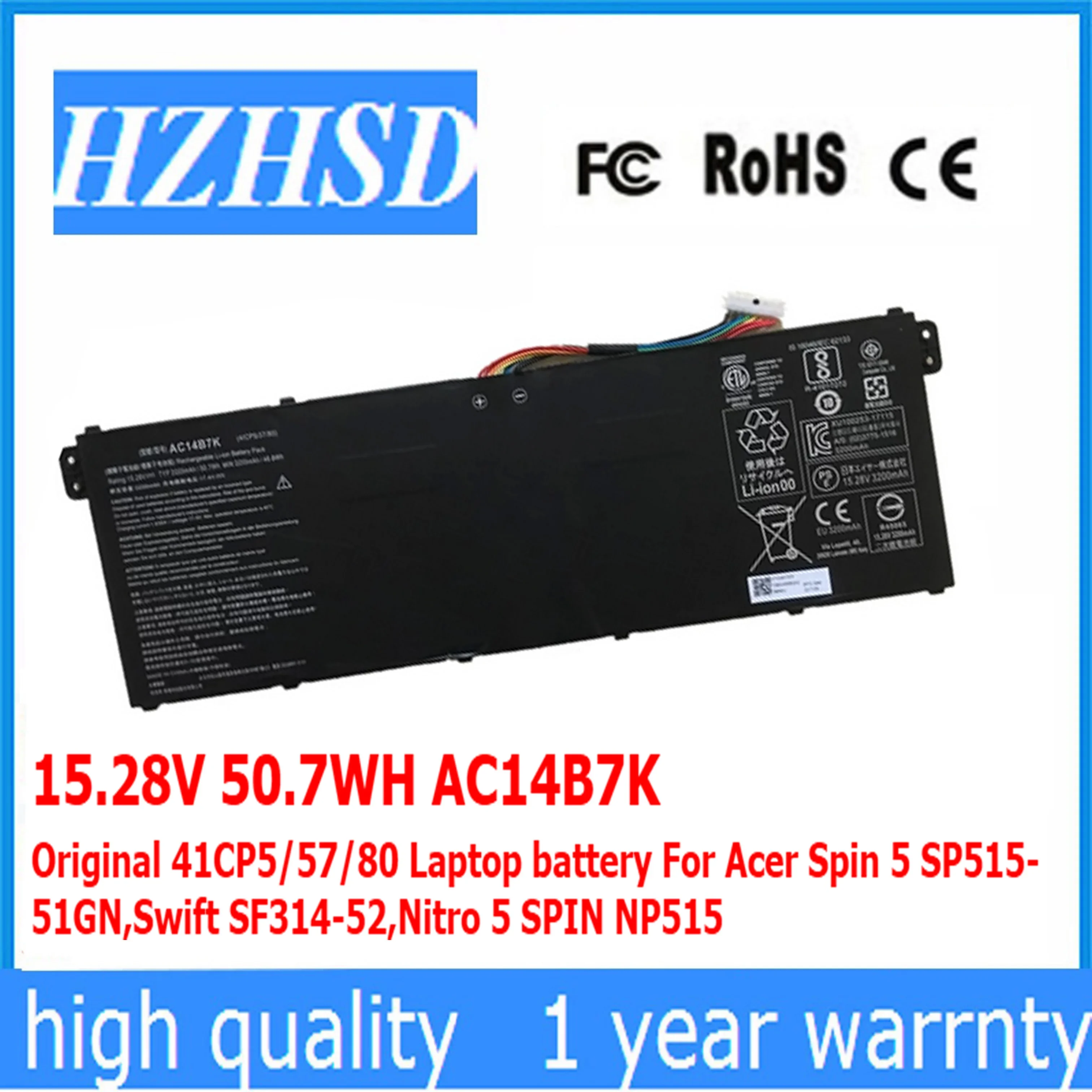 15.28V 50.7WH AC14B7K Original 41CP5/57/80 Laptop battery For Acer Spin 5 SP515-51GN,Swift SF314-52,Nitro 5 SPIN NP515