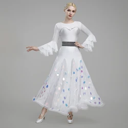 Ballroom Dress Standard White Ballroom Practice Skirt Fishbone Hem Modern Dance Costume Black Sequins Dancewear High-end Waltz