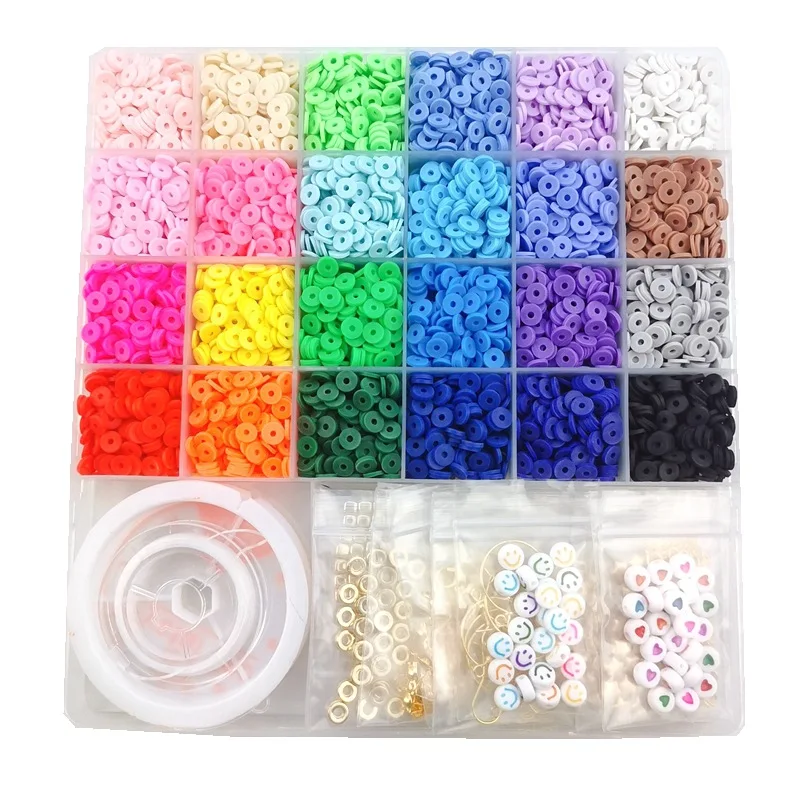 Kids DIY Clay Beads Set 24 Rainbow Color Flat Chip Beads for Boho Bracelet Necklce Making Letter Beads Handmade Accessories Kit