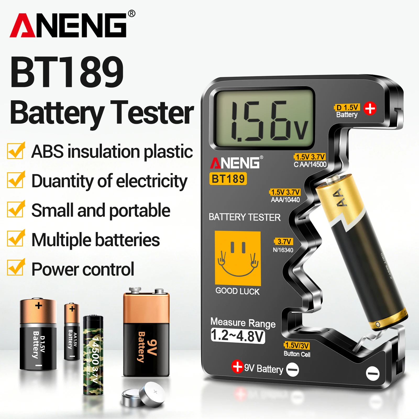 Digital LCD Battery Tester ANENG BT189 1.2-4.8V Universal Battery Checker for AA AAA C D N 9V Button 14500 16340 Lithium Battery