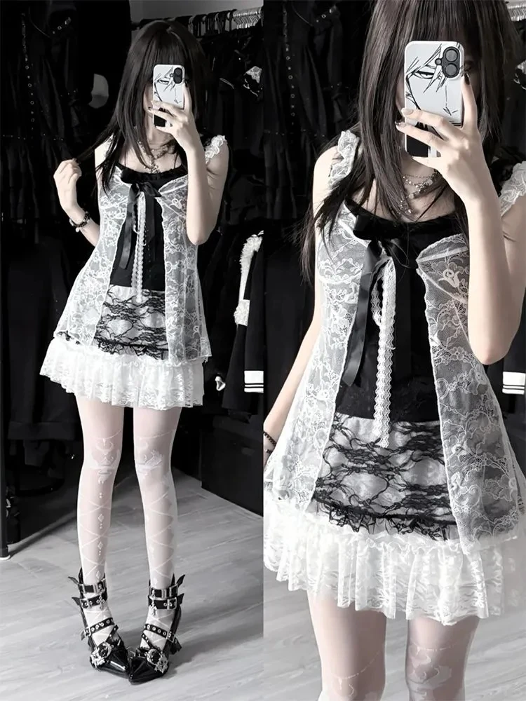 

Subculture, японский комплект из 2 предметов, женский кружевной кардиган Y2k, укороченный топ, мини-платья, пляжные женские винтажные шикарные наряды в стиле Харадзюку