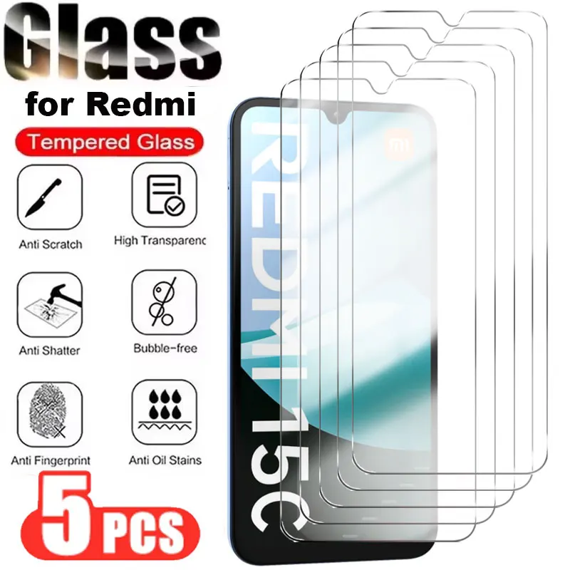 

For Redmi 15C 4G 5PCS Tempered Glass for Redmi 15 5G 13C 12 12C 13 Screen Protective Glass Anti Scratch Clear Screen Protectors