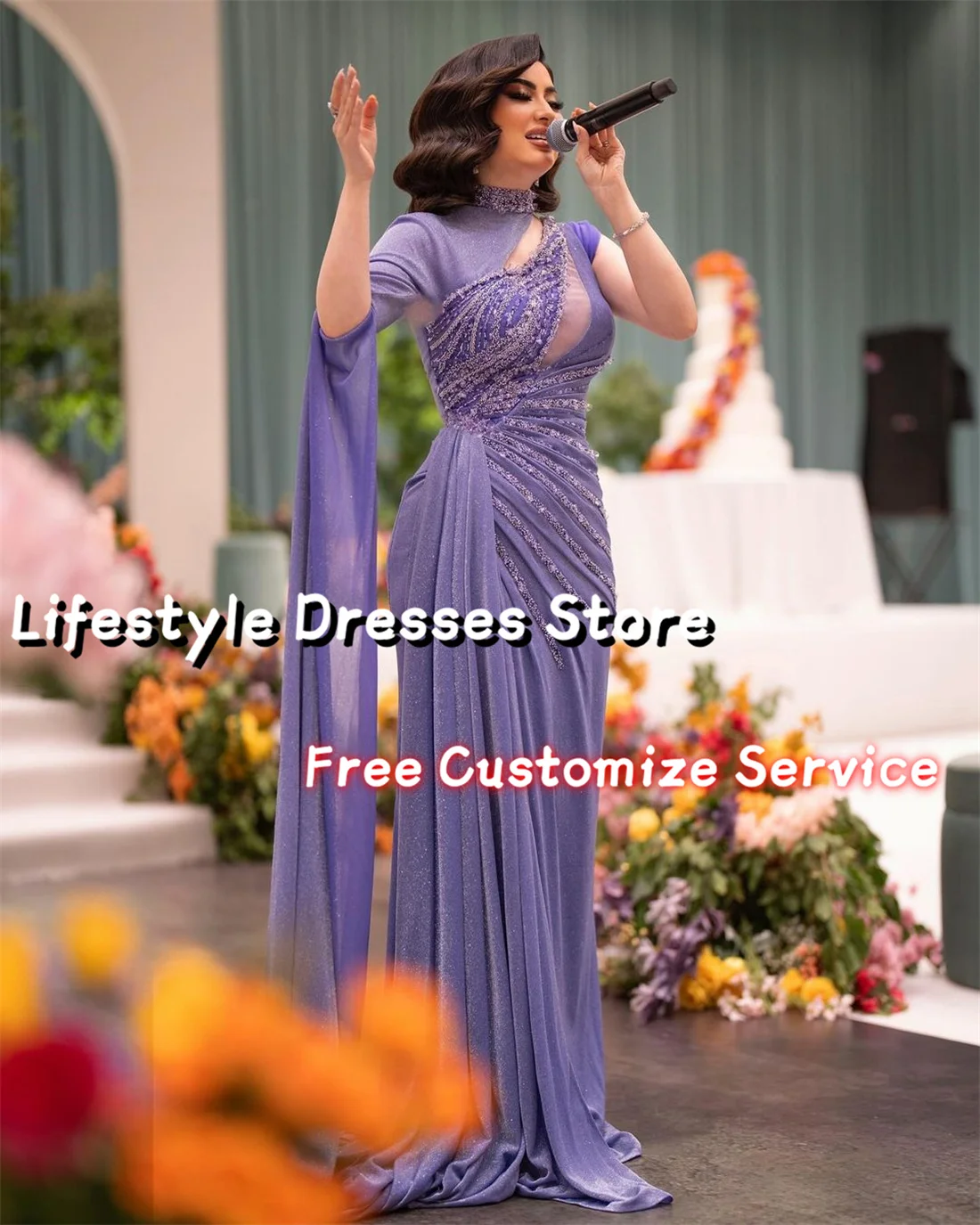 Customized One-shoulder Shiny Purple Prom Dresses Beads Sequins Long Evening Dress Saudi Arabia Party Gown