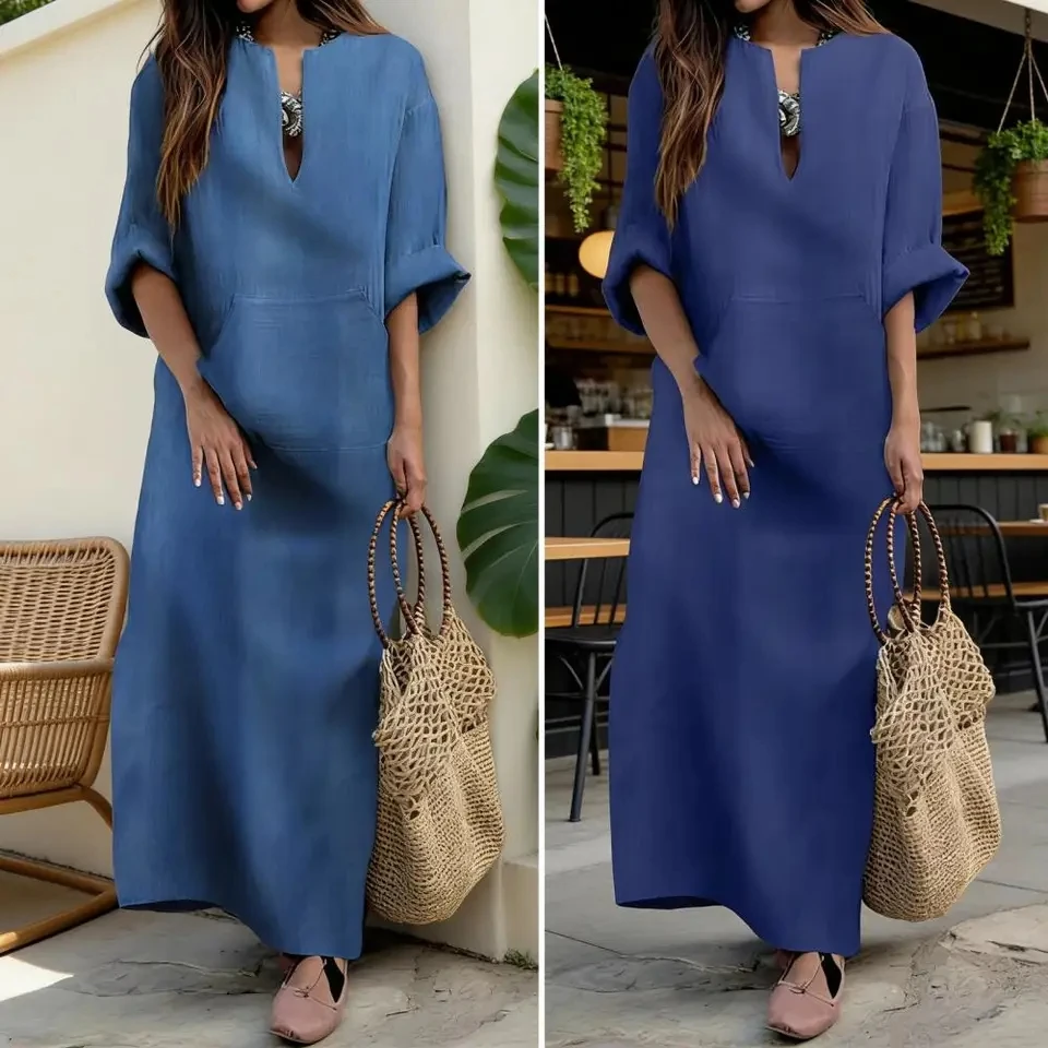

2026 Summer Stand-up Collar Short-sleeved Women's Loose Dress Casual Simple Pocket Female Long Dress Long Sleeve V Neck Dress