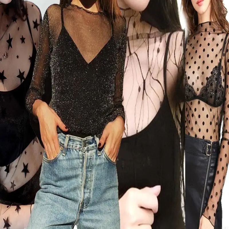 

5Styles Sexy See Through Mesh Blouses Hollow Out Glitter Silver Polka Dot Pattern Women's Tops for Dating Party