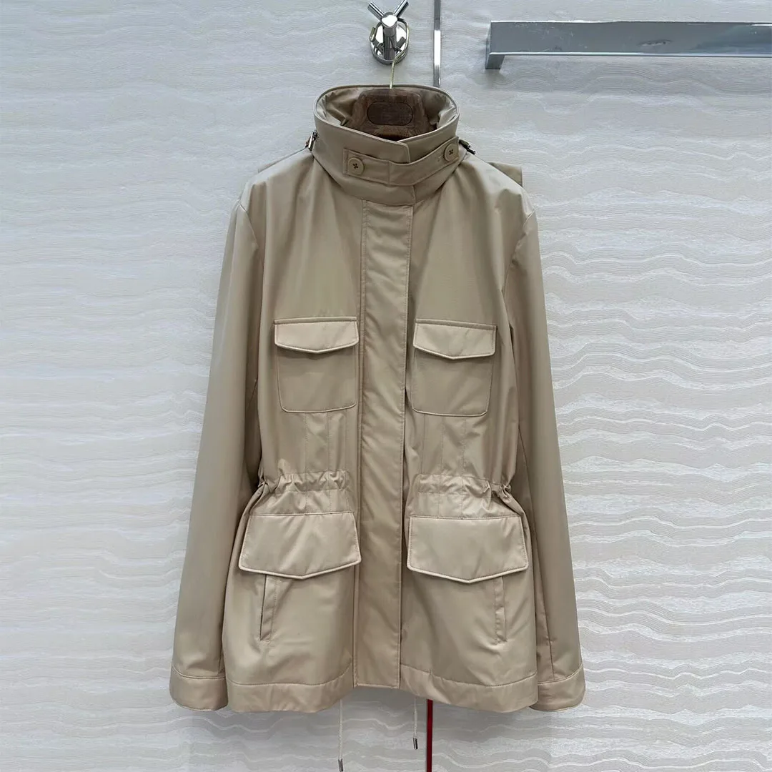 

2025 New Autumn Windbreaker Jacket Women Stand Long Sleeve Zipper Pockets Drawstring Slim Waist Casual Old Money Style Coat