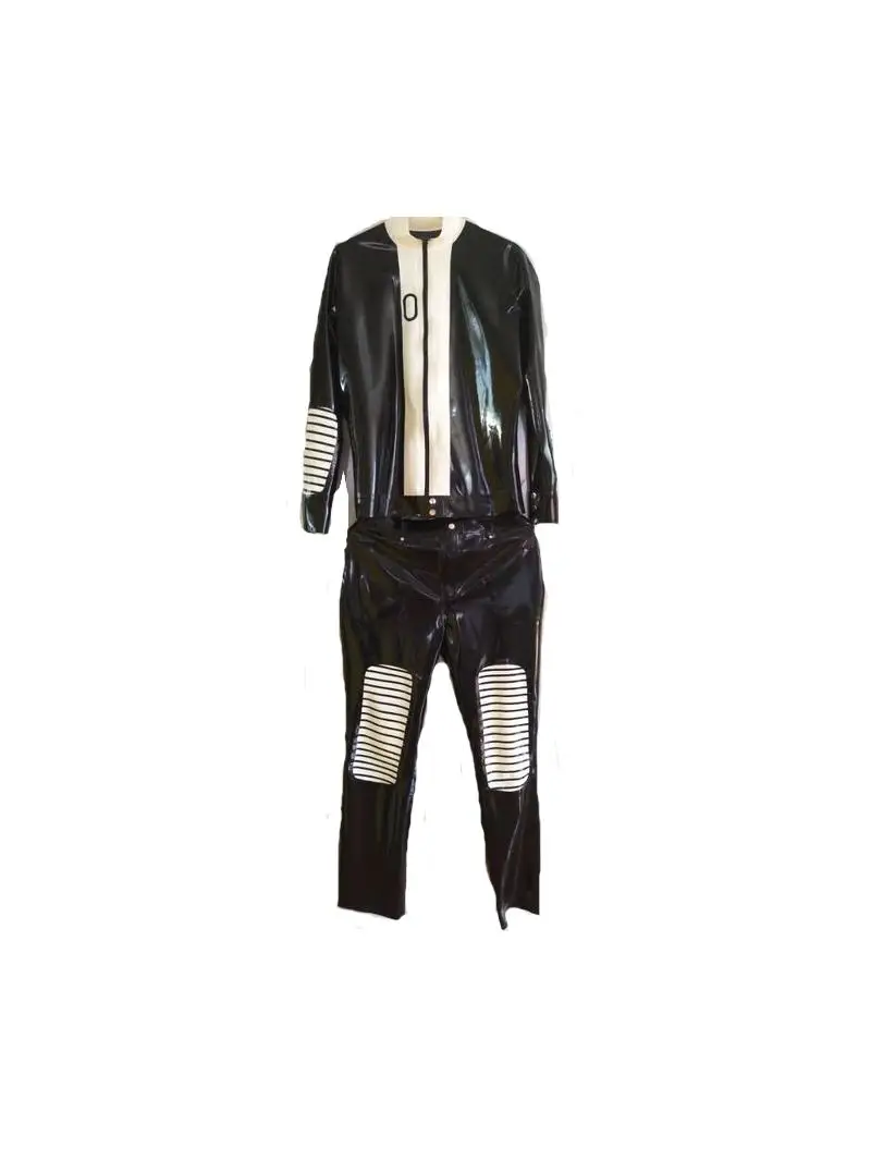Latex Catsuit Rubber Gummi Black Top Sport Pants Cosplay Kits with Stripes 0.4mm S-XXL